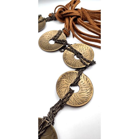 Vintage 60s hippie boho belt with gold tone concho disc medallions tassels - Picture 6 of 11